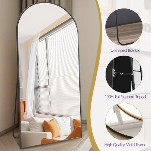 Prywot Arched Full Length Mirror, 76"x34" Free Standing Floor Mirror, Black
