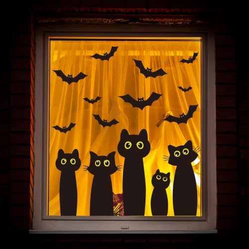 Whaline 6 Sheets Halloween Black Cat Window Clings Cartoon Cat Bat Silhouette Reusable Window Decals for Spooky Holiday Home Office School Glass Decor