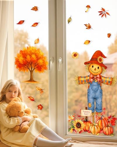 Fall Window Clings - 9 Sheets 116 Pcs Fall Decorations for Autumn Thanksgiving Harvest Home Party, Pumpkin Leaves Truck Maple Sunflowers Stickers for Glass, Double-Sided Static Window Decals