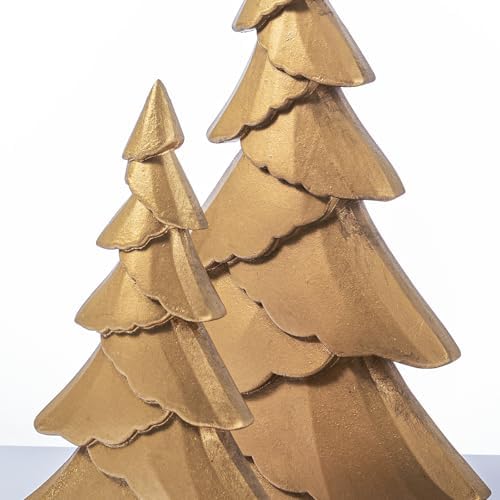 RM ROOMERS Christmas Tree Figurines Wooden, Set of 2 Gold Christmas Tree