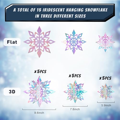 15PCS Christmas Hanging Snowflakes Decorations, 3D Iridescent Paper Snowflakes, Large Snow Flakes Ornaments for Christmas Party Winter Wonderland New Year Home Decor