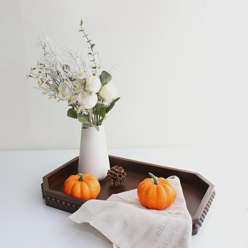 Hrastany Retro Brown Wood Serving Tray with Beads, Farmhouse Decorative Tray for Table Centerpiece, Christmas Wedding Halloween Home Decor