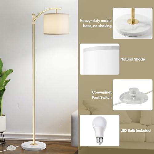 ROTTOGOON Gold Floor Lamp for Living Room with Marble Base, Modern Standing Lamp with 3 Color Temperatures Bulb &