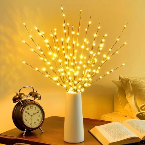 DK177 2 Pack Led Branch Light Battery Operated Lighted Branch Vase Filler Willow Tree Artificial Little Twig Power Golden 30 Inch 20 LED for Home Romantic Decoration (Gold-Warm White)