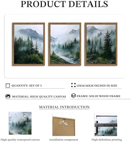 Framed Forest Wall Art Set of 3, Misty Mountain Landscape Canvas Wall Decor Paintings, Nature Tree River Scenery