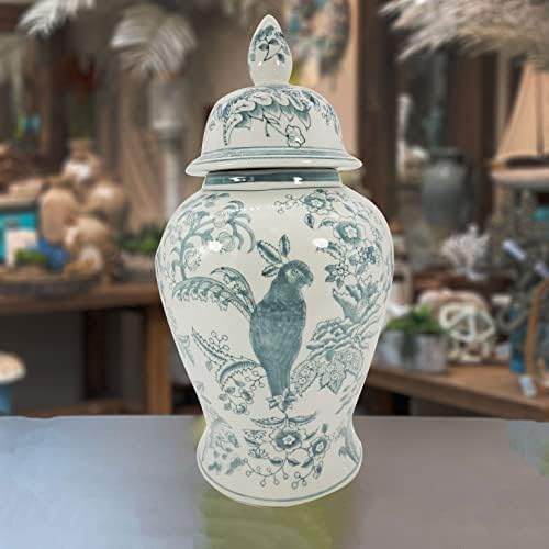 Galt International Dark Teal Parrot Floral Chinoiserie Ceramic Temple Jar 18" w/Lid - Ginger Jar Home & Kitchen Decor