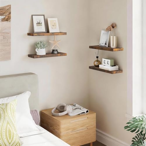 BAYKA Rustic Brown Floating Shelves 15.7in, Set of 4, Wall Mount Wood Shelf