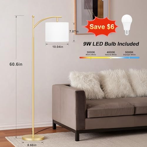 Ambimall 60" Floor Lamp for Living Room with 3 Color Temperatures, Adjustable White Shade with Gold Pole, Tall Lamp for