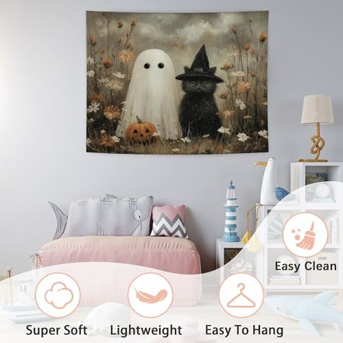 WHCHJ Halloween Ghost and Black Cat Tapestry, Gothic Witchy Cat Tapestry Wall Hanging, Whimsical Wildflower Spooky Tapestries Wall Blanket Decor for Party Home Bedroom Living Room Dorm, 50x60 Inch
