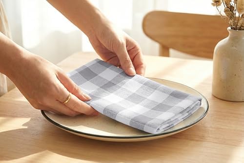 PurpleEssences Plaid Napkins 18x18 Buffalo Plaid - Gray & White
