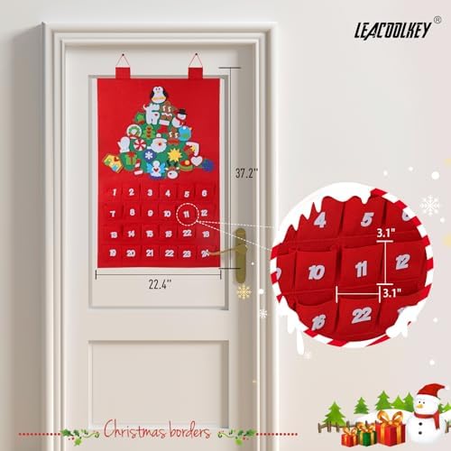 Christmas DIY Advent Calendar Felt Advent Calendar with Pockets Hanging Reusable Countdown Calendar for Kids Christmas Decorations Gifts (Red +Green Christmas tree)