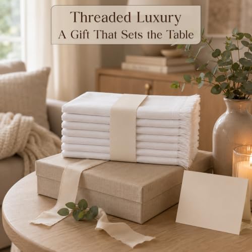 CLOUDLOOM 100% Cotton Fringe Cloth Napkins, White, Set of 6, 20"x20"