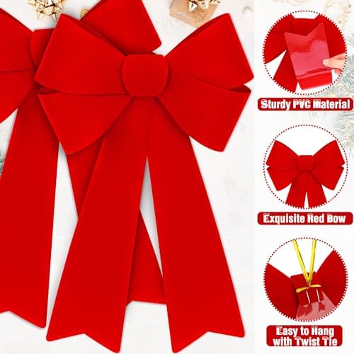 Heartome 4 PCS Red Bows Christmas Decorations, 12 x 18 Inches Outdoor Christmas Bows, Red Velvet PVC Hanging Large Xmas Decor Indoor Outdoor Velvet Xmas Party Supplies for Wreath Stairs