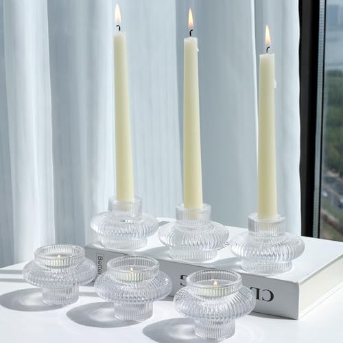 VOHO 12pcs Taper Candle Holders Ribbed Glass, Clear Candle Holder Stackable