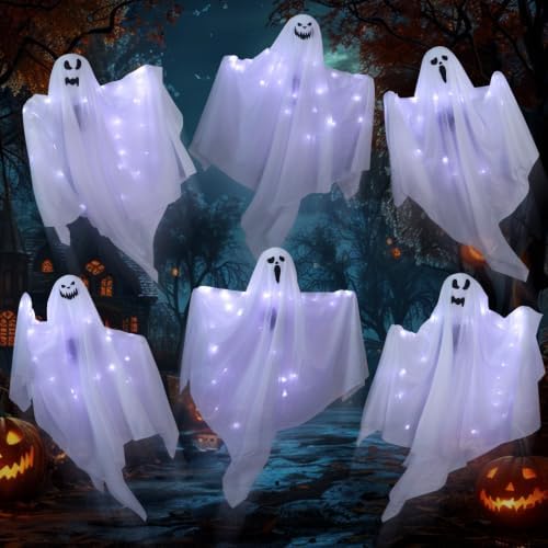 6 Pack Halloween Hanging Ghost Decorations with Lights, Remote Control