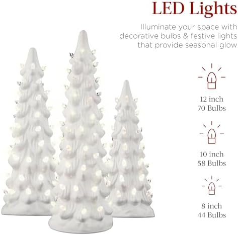 Best Choice Products Set of 3 Ceramic Christmas Trees, Pre-Lit Hand-Painted Tabletop Holiday Decoration w/Warm White Bulbs, LED Lights – White