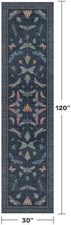 2'6"x10' Dark Blue Kitchen Runner Rug, Washable Non Slip Hallway Rug for Entryway, Vintage Insect Moth Indoor Carpet