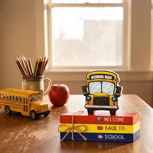 Smile Back to School Wooden Table Decor Apple, Math, Science, History Desktop Signs Classroom & Home Office Tabletop Decorations Gift for Students, Teachers