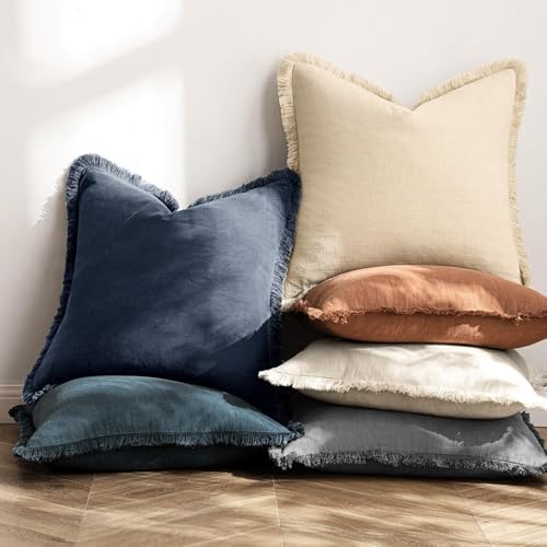 MIULEE Boho Linen Decorative Lumbar Throw Pillow Covers Indigo Blue 12x20