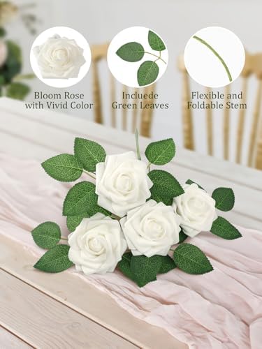 MACTING 30PCS White Artificial Roses with Stems, Real Touch Foam Flowers