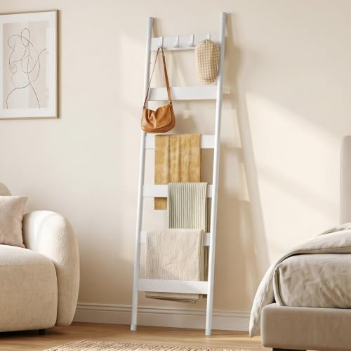 HOOBRO Blanket Ladder, 6-Tier Towel Rack with Hooks, Wall-Leaning Blanket Rack, Decorative Display Ladder Shelf, for