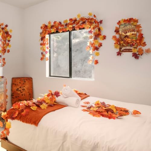 CQURE 10 Pack Fall Garland, Total 79Ft Artificial Autumn Maple Leaves Garland Hanging Vines, Thanksgiving Halloween Harvest Decor for Fireplace Mantle Table Indoor Outdoor