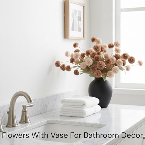RyddeligHome 12 Stems Fake Mum Flowers with Black Vase for Home Decor