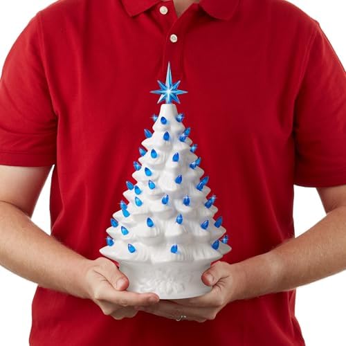 Casafield Hand Painted Ceramic Christmas Tree, White 15-Inch Pre-Lit Tree with 128 Pink and Blue Lights and 2 Star Toppers