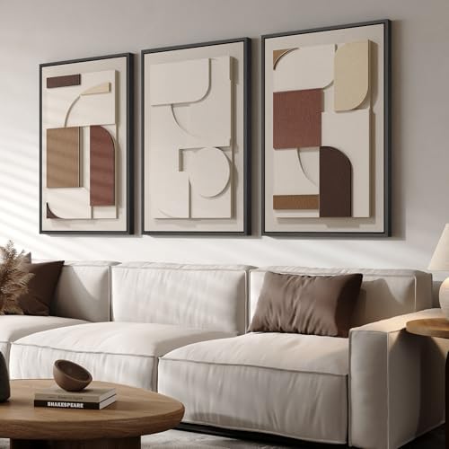3D Textured Large Framed Neutral Abstract Wall Art for Living Room, 3 Piece