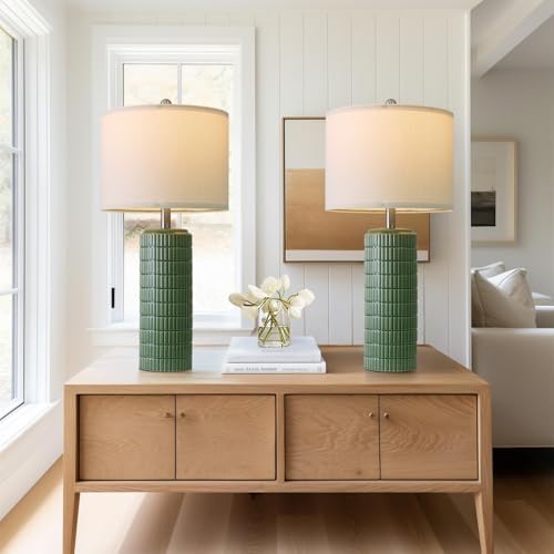 PoKat 27.5" Dark Green Ceramic Table Lamps for Living Room, Farmhouse Table Lamps Set of 2 for Bedroom Night Stands
