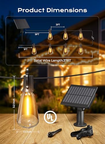 Brightown 37FT Solar String Lights Outdoor, 10+1 Shatterproof LED Lights