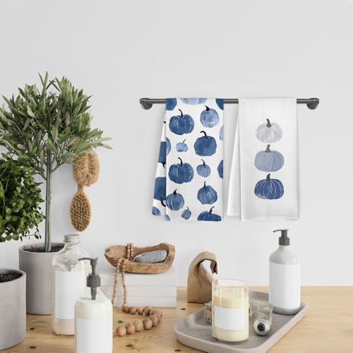 Blue Fall Pumpkin Decor Kitchen Towels and Dishcloths Set of 2, Blue Fall Bathroom Hand Towels, Thanksgiving Autumn Farmhouse Pumpkins Decorative Dish Tea Towels for Dorm Bedroom, 16×24 Inch