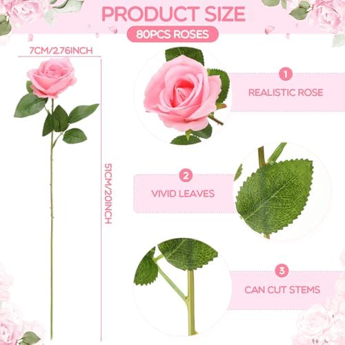 Hotop 80 Pcs Artificial Roses Flowers Bulk, Pink