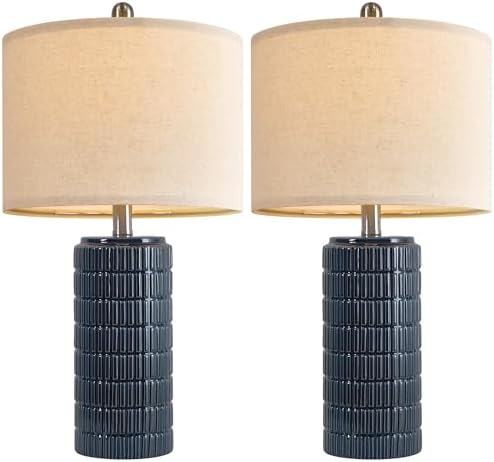 PoKat 23" Blue Table Lamps, Farmhouse Bedside Lamps for Bedroom Set of 2, Ceramic End Table Lamps for Living Room
