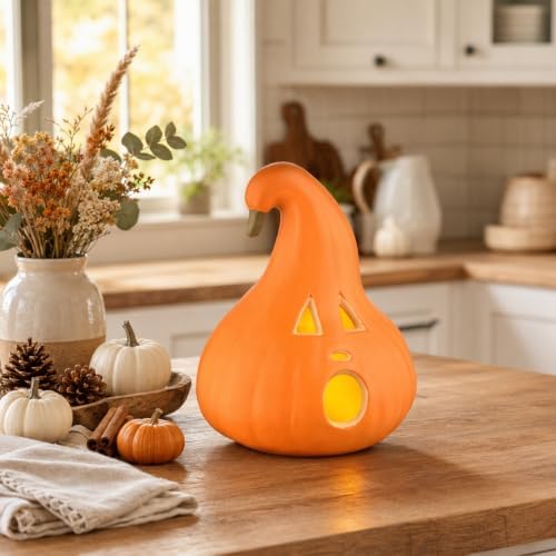 Evelyne Halloween Decoration – Light-Up Jack-O’-Lantern Ghost Face with Curved Stem – Indoor Tabletop Fall Decor, Pumpkin – Cute Spooky Autumn Accent for Home or Office