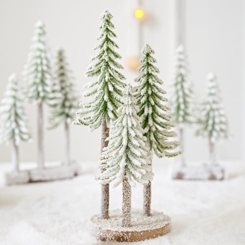 Mini Christmas Trees, Snow Frost Trees with Wood Base Bottle Brush Trees Plastic Winter Snow Ornaments Tabletop Artificial Trees for Christmas Party Home Decoration (B)