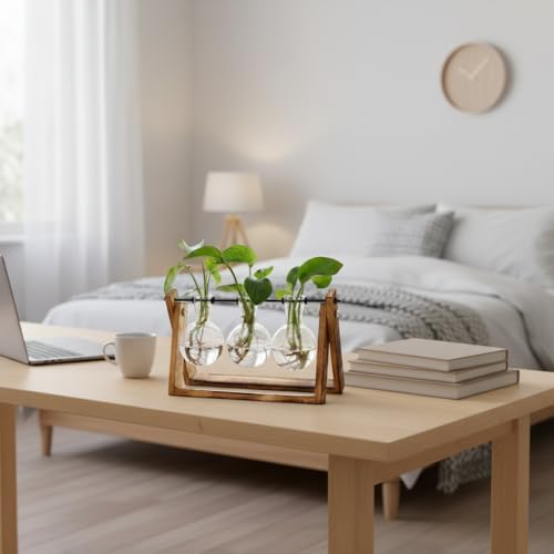 XXXFLOWER Plant Terrarium with Wooden Stand, Air Planter Bulb Glass Vase Metal Swivel Holder Retro Tabletop for