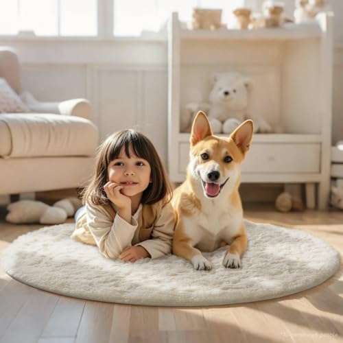 Ophanie Round Rug 4Ft Ivory Circle Area Rugs, Fluffy Fuzzy Small Bedroom Carpet 4 foot, Plush Shag Floor Cream Living