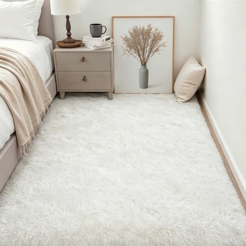 Area Rug Living Room Bedroom: 6x9 Fluffy Plush Shag Carpet Ivory