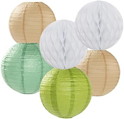 Olive-Sage Green-Boho Party-Decorations Streamers-Lanterns - 14pcs Baby Bridal Shower Wedding Paper Fan, Eucalyptus Wild Safari Jungle Birthday Tissue Pom Poms, Honeycomb Balls Decor Lasting Surprise
