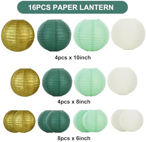 BEISHIDA Sage Green Gold Paper Lanterns 16Pcs 6/8/10Inch Round Chinese Lamp
