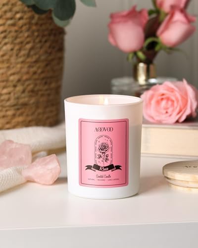 AOOVOO Rose Scented Candles for Women - Aromatherapy Candle with Crystals Inside, 7oz Soy Candles for Home Scented