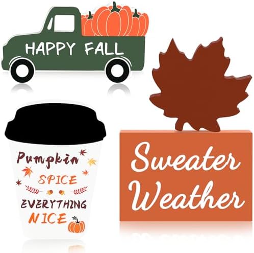 Fall Decor Fall Decorations for Home 4Pcs Wooden Coffee Cup Maple Leaf Car Sweater Weather Sign Farmhouse Table Tiered Tray Decor Thanksgiving Decorations