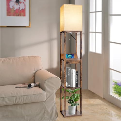 RUNTOP Floor Lamp with Shelves, Shelf Floor Lamp with Wireless Charger & 2 Charging USB Ports & Drawer, AC Outlet, 3