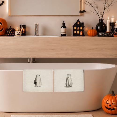 Neutral Halloween Ghost Kitchen Towels, Rustic Farmhouse Halloween Hand Towels for Bathroom Decor, Cute Spooky Ghost Dishcloths Dish Towel for Kitchen 16x24 Inches Set of 2