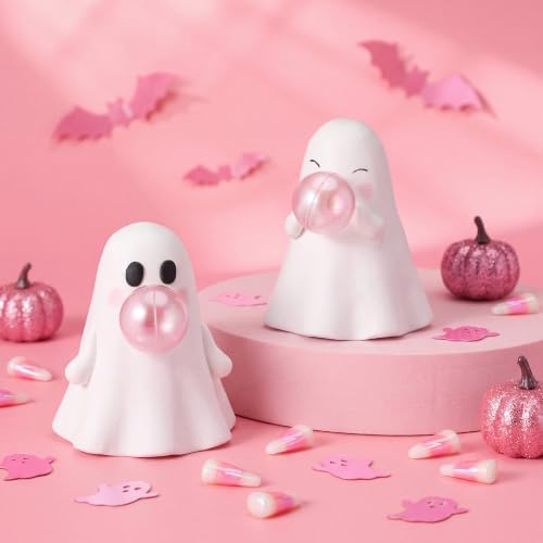Set of 2 Halloween Ghost Figurines - Cute Ceramic Bubble Gum Ghost Statue
