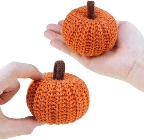 Winlyn Set of 6 Faux Fall Orange Crochet Pumpkins - Small Knit Foam Pumpkins for Rustic Farmhouse Decor, Harvest, Thanksgiving, Halloween, Autumn Table, Bowl, Tiered Tray, Mantel