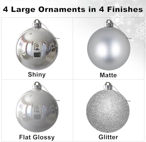 Silver 4.0" Large Christmas Balls - Christmas Tree Decoration Ornaments Shatterproof Hanging Balls for Birthday Halloween Holiday Wedding Decorations Set of 4pcs