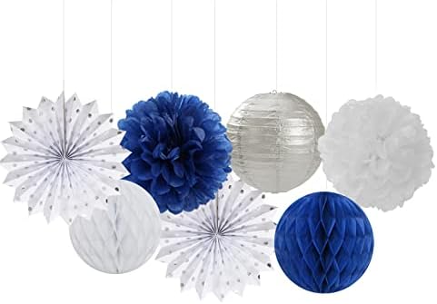 Navy-Blue White Silver Party Decorations - 14pcs Kits Paper Lanterns Fan,Tissue Flower Pom Poms Streamers,Honeycomb Balls,Graduation 2026 Men Birthday Wedding Baby Bridal Shower Decor Lasting Surprise