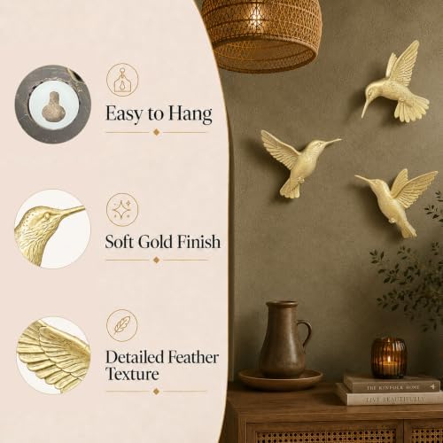 GUSFREUD 3D Hummingbird Wall Decor Set - Gold Resin Bird Wall Decor for Living Room, Bedroom and Gallery Walls